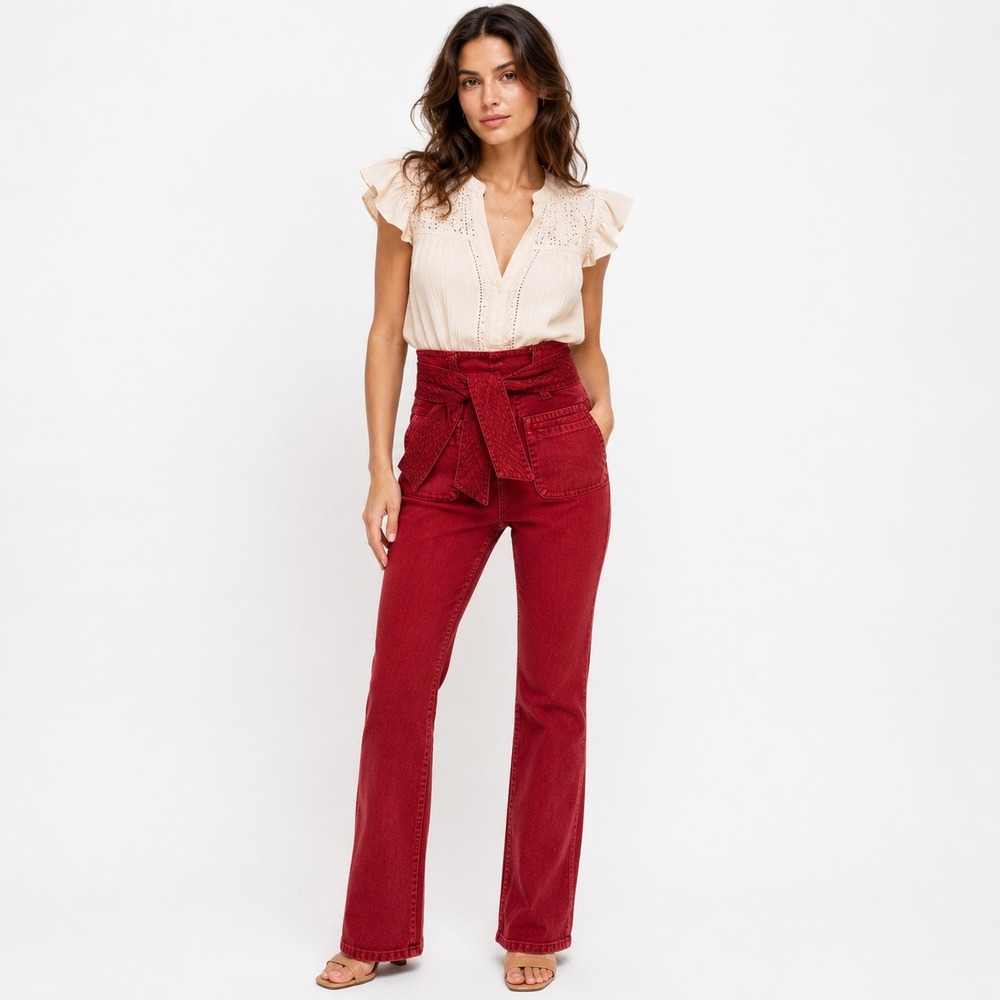Ulla Johnson Wide Leg Tie Waist Pants Womens 8 Burgundy High Rise Utility Boho‎